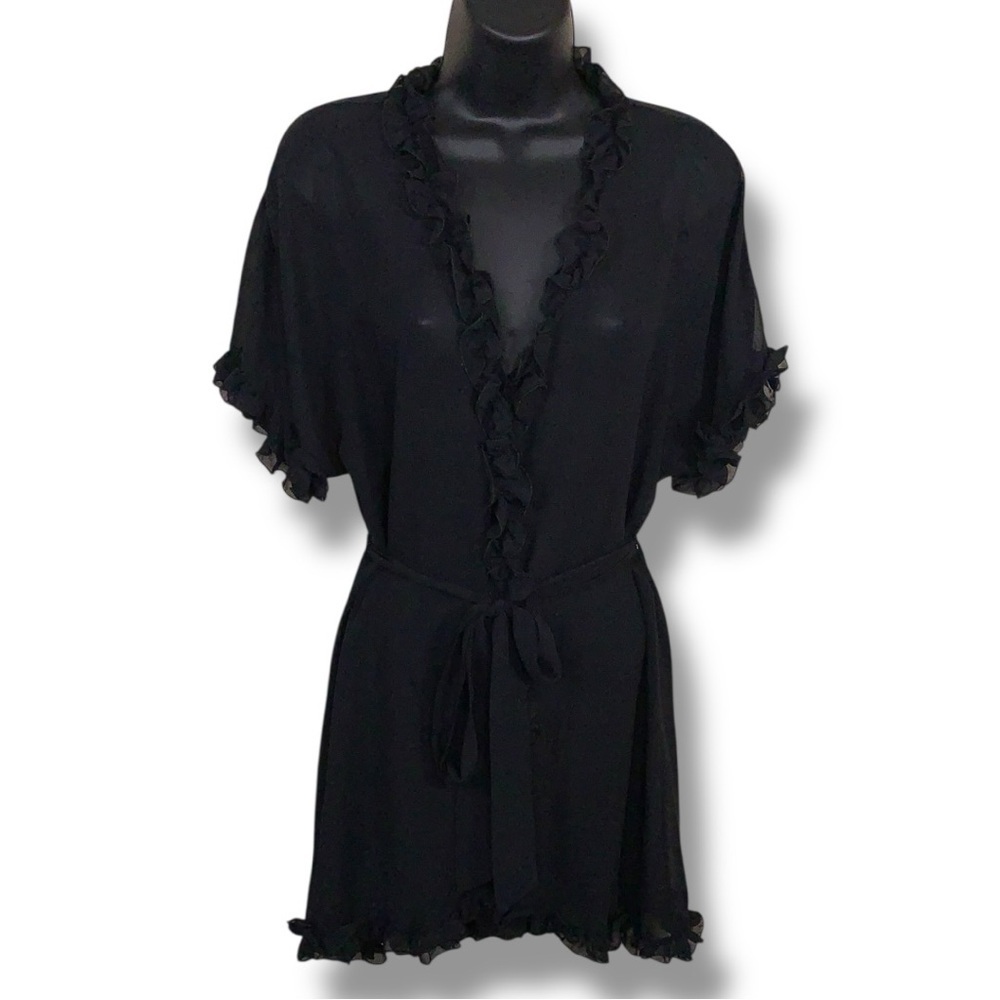 Large Ambrielle Black Semi Sheer Robe Ruffle Accent Pinup Goth Tie Lingerie